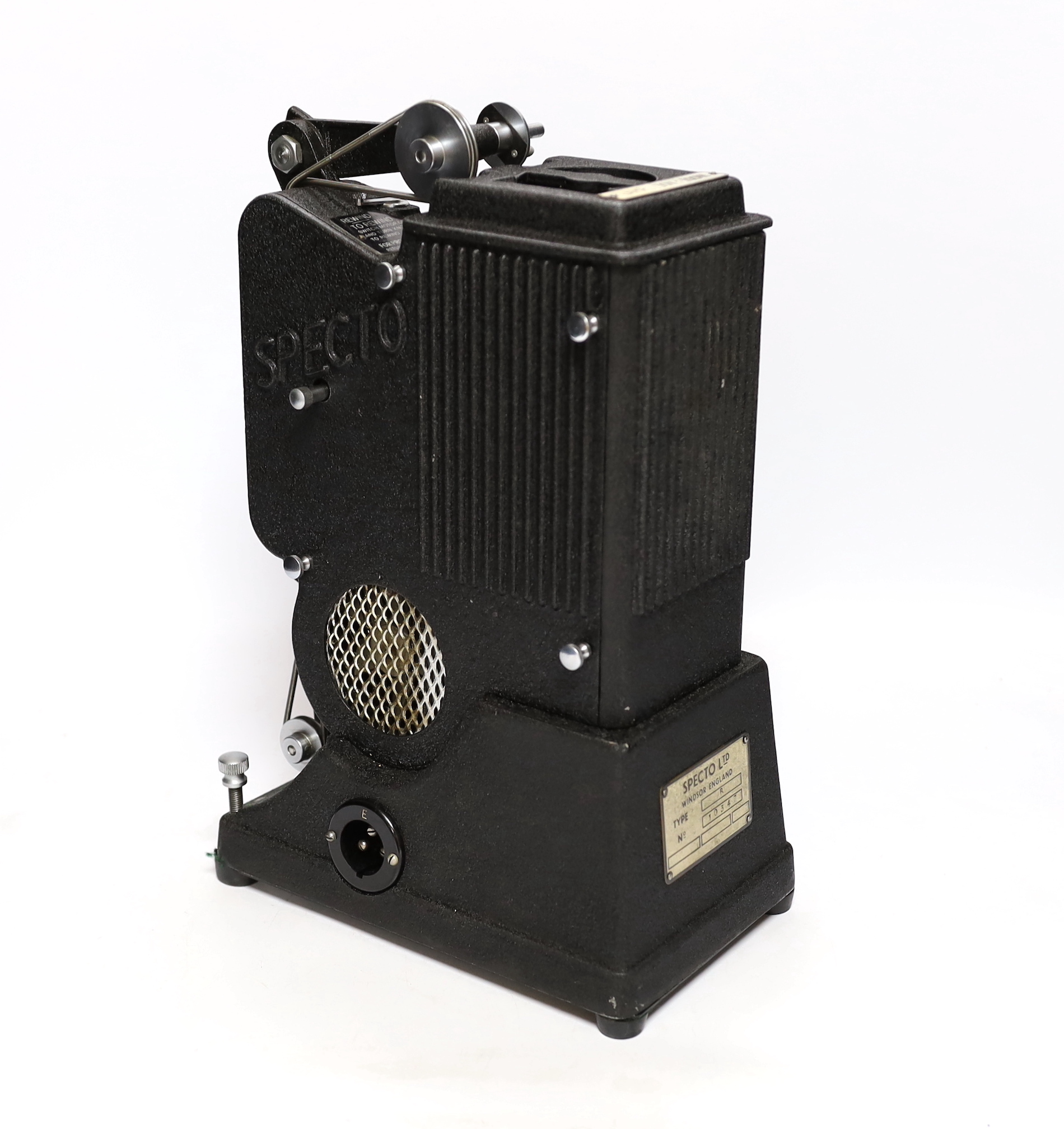 A Specto 9.5mm cine film projector in a leather case, case 32cm x 38cm x 18cm
